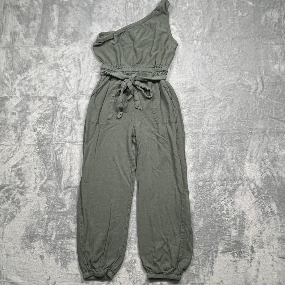 American Eagle Jumpsuit Womens Small Olive Green One Shoulder Linen Blend Belted